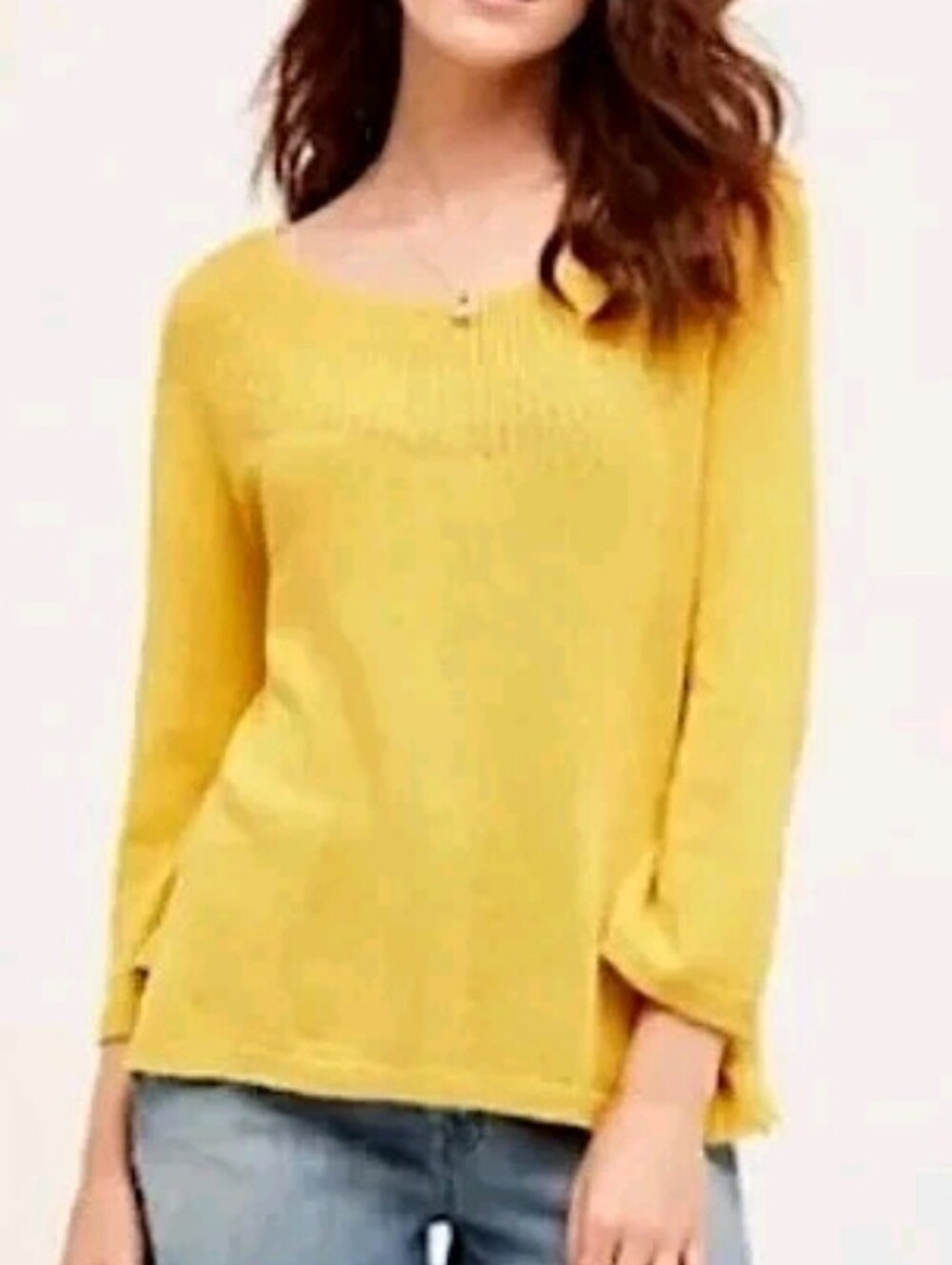 Anthropologie Moth Mila Mustard Yellow Linen Cotton Blend Boho Sweater Size M